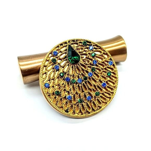 Vintage Peacock Jeweled Gold-Finish Mirror Lipstick Case